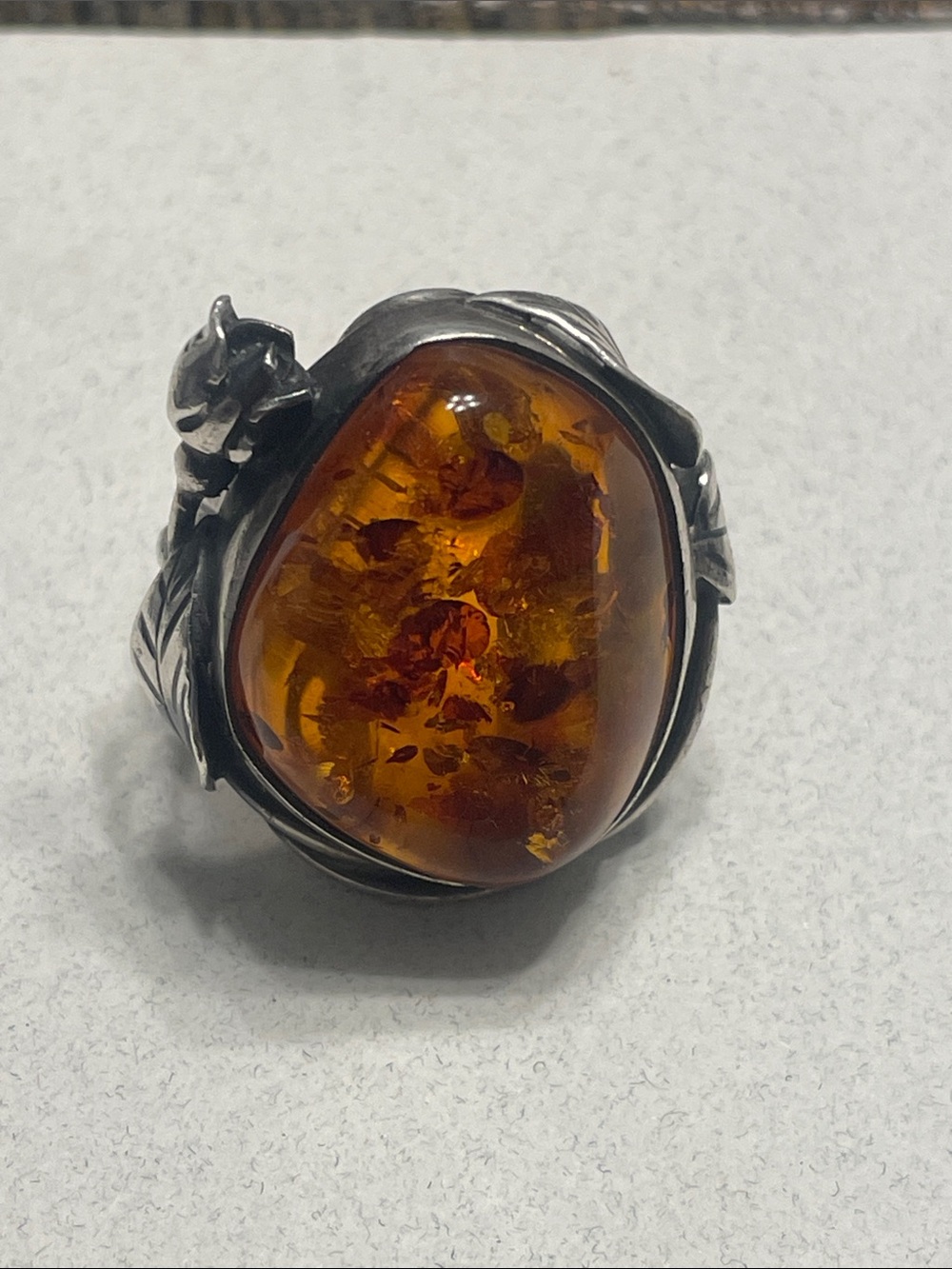 Vintage 925 Sterling Silver Cognac Baltic Amber Leaf Statement Ring Sz 8.25